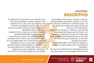 UNIVERSIDADE LUTERANA DO BRASIL
CAMPUS CARAZINHO
CURSO DE DESIGN
MANUAL PADRÃO CURSO DESIGN 15
MEMORIAL
DESCRITIVO
A padaria Formin pertence a um milionário que
tem várias empresas e resolveu adquirir uma
padaria como o seu mais novo negócios. Ele
comprou uma padaria que já existia mas só
continuou usando o local e mudou nome, estilo,
identidade visual e tudo mais.
A padaria Formin é pra ser um local elegante e
sofisticado destinado a pessoas que não
procurem por preços e sim sabor e qualidade.
A padaria Formin não é uma empresa familiar e
sim um negócio feito com a intenção de uma boa
obtenção de lucros, e para que isso ocorra o
dono do negócio estará disposto a contribui com
uma boa quantia em dinheiro para deixar a sua
padaria com um ar elegante e sofisticado.
O nome Formin foi dado depois de uma seleção
de prováveis nomes para o negocio, aonde eu
coloquei silabas de produtos que tem a ver com
padarias de forma aleatórias montando nomes , no
caso de Formin resultou da junção de from de
forma e in de ingredientes.
Depois de um estudo em histórias e uma grande
observação de imagens que tem haver com
padarias, eu decidi me inspirar em trigos para
fazer o logotipo da empresa devido ser de onde
vem a farinha que é usada para o feitio dos
produtos da mesma.
O símbolo gráfico é formado por logotipo e
símbolo, os quais podem serem separados se
necessário.
Os trigos do símbolo foram colocados de forma
reta para passar uma mensagem subliminar de
 