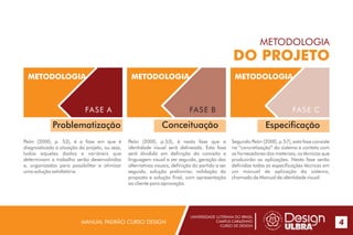 UNIVERSIDADE LUTERANA DO BRASIL
CAMPUS CARAZINHO
CURSO DE DESIGN
MANUAL PADRÃO CURSO DESIGN 4
METODOLOGIA
DO PROJETO
Problematização
METODOLOGIA
FASE A
METODOLOGIA
FASE B
Conceituação
METODOLOGIA
FASE C
Especificação
Peón (2000, p. 53), é a fase em que é
diagnosticada a situação do projeto, ou seja,
todos aqueles dados e variáveis que
determinam o trabalho serão desenvolvidos
e, organizados para possibilitar e otimizar
uma solução satisfatória.
Peón (2000, p.53), é nesta fase que a
identidade visual será delineada. Esta fase
será dividida em definição do conceito e
linguagem visual a ser seguida, geração das
alternativas visuais, definição do partido a ser
seguido, solução preliminar, validação da
proposta e solução final, com apresentação
ao cliente para aprovação.
Segundo Peón (2000, p.57), esta fase consiste
na “concretização” do sistema e contato com
os fornecedores dos materiais, os técnicos que
produzirão as aplicações. Nesta fase serão
definidas todas as especificações técnicas em
um manual de aplicação do sistema,
chamado de Manual de identidade visual.
 
