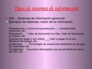 Tipos de sistemas de información SIG – Sistemas de información gerencial. Ejemplos de sistemas.- visión de la información  Planeamiento y control de la producción  Cantidad total producida, etc. Facturación  Valor de facturación en días, Valor de facturación en meses. etc. Cuentas por pagar y por cobrar  Valor a pagar en el día, Números de impago, etc. Existencias  Porcentajes de existencias distribuido por grupos de materiales, etc. Contabilidad  impuestos devengados que se percibirá por mes y por año, etc. 