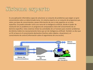 • Es una aplicación informática capaz de solucionar un conjunto de problemas que exigen un gran
conocimiento sobre un determinado tema. Un sistema experto es un conjunto de programas que,
sobre una base de conocimientos, posee información de uno o más expertos en un área
específica. Se puede entender como una rama de la inteligencia artificial, donde el poder de
resolución de un problema en un programa de computadora viene del conocimiento de un
dominio específico. Estos sistemas imitan las actividades de un humano para resolver problemas
de distinta índole (no necesariamente tiene que ser de inteligencia artificial). También se dice que
un SE se basa en el conocimiento declarativo (hechos sobre objetos, situaciones) y el
conocimiento de control (información sobre el seguimiento de una acción).
 
