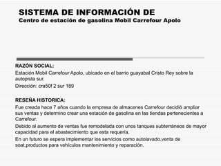 SISTEMA DE INFORMACIÓN DE Centro de estación de gasolina Mobil Carrefour Apolo RAZÓN SOCIAL: Estación Mobil Carrefour Apolo, ubicado en el barrio guayabal Cristo Rey sobre la autopista sur. Dirección: cra50f 2 sur 189 RESEÑA HISTORICA:   Fue creada hace 7 años cuando la empresa de almacenes Carrefour decidió ampliar sus ventas y determino crear una estación de gasolina en las tiendas pertenecientes a Carrefour. Debido al aumento de ventas fue remodelada con unos tanques subterráneos de mayor capacidad para el abastecimiento que esta requería. En un futuro se espera implementar los servicios como autolavado,venta de soat,productos para vehículos mantenimiento y reparación. 