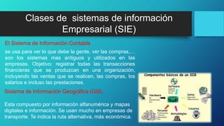 Esta compuesto por información alfanumérica y mapas
digitales e información. Se usan mucho en empresas de
transporte. Te indica la ruta alternativa, más económica.
Sistema de Información Geográfica (GIS)
Clases de sistemas de información
Empresarial (SIE)
El Sistema de Información Contable
se usa para ver lo que debe la gente, ver las compras,…
son los sistemas mas antiguos y utilizados en las
empresas. Objetivo: registrar todas las transacciones
financieras que se produzcan en una organización,
incluyendo las ventas que se realicen, las compras, los
salarios e incluso las prestaciones.
 