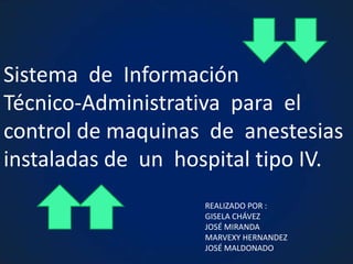 Sistema de Información
Técnico-Administrativa para el
control de maquinas de anestesias
instaladas de un hospital tipo IV.
REALIZADO POR :
GISELA CHÁVEZ
JOSÉ MIRANDA
MARVEXY HERNANDEZ
JOSÉ MALDONADO
 