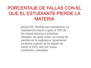 artículo 65. Pérdida por inasistencia. La
inasistencia mayor o igual al 15% de
las clases teóricas o prácticas
dictadas, sin justa razón, es causal de
pérdida de la asignatura. Igualmente
se pierde cuando se ha dejado de
asistir al 25%, aún por causa
justificada y aceptada
PORCENTAJE DE FALLAS CON EL
QUE EL ESTUDIANTE PIERDE LA
MATERIA
 