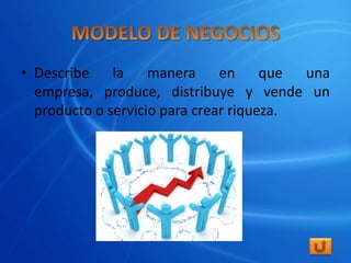 • Describe la       manera en que una
  empresa, produce, distribuye y vende un
  producto o servicio para crear riqueza.
 