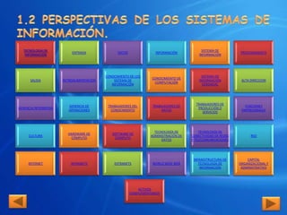 TECNOLOGIA DE                                                                             SISTEMA DE
                          ENTRADA               DATOS               INFORMACIÓN                               PROCESAMIENTO
   INFORMACIÓN                                                                            INFORMACIÓN




                                          CONOCIMIENTO DE LOS                               SISTEMA DE
                                                                   CONOCIMIENTO DE
      SALIDA          RETROALIMENTACIÓN        SISTEMA DE                                 INFORMACIÓN          ALTA DIRECCION
                                                                    COMPUTACIÓN
                                             INFORMACIÓN                                    GERENCIAL




                                                                                        TRABAJADORES DE
                         GERENCIA DE       TRABAJADORES DEL        TRABAJADORES DE                               FUNCIONES
GERENCIA INTERMEDIA                                                                      PRODUCCIÓN O
                         OPERACIONES        CONOCIMIENTO                DATOS                                  EMPRESARIALES
                                                                                           SERVICIOS




                                                                    TECNOLOGÍA DE         TECNOLOGÍA DE
                        HARDWARE DE          SOFTWARE DE
     CULTURA                                                      ADMINISTRACIÓN DE   CONECTIVIDAD DE REDES         RED
                         CÓMPUTO              CÓMPUTO
                                                                        DATOS         Y TELECOMUNICACIONES




                                                                                       INFRAESTRUCTURA DE         CAPITAL
     INTERNET             INTRANETS           EXTRANETS            WORLD WIDE WEB         TECNOLOGÍA DE       ORGANIZACIONAL Y
                                                                                           INFORMACIÓN         ADMINISTRATIVO




                                                            ACTIVOS
                                                        COMPLEMENTARIOS
 