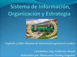 Capitulo 3 Libro Sistema de información gerencial Laudon
Catedrático: Ing. Guillermo Brand
Elaborador por: Maestrante Darling Izaguirre
 