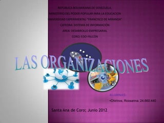 REPUBLICA BOLIVARIANA DE VENEZUELA.
MINISTERIO DEL PODER POPULAR PARA LA EDUCACION
UNIVERSIDAD EXPERIMENTAL “FRANCISCO DE MIRANDA”
       CATEDRA: SISTEMA DE INFORMACIÓN
         AREA: DESARROLLO EMPRESARIAL
               CORO; EDO-FALCÓN




                                        ALUMNAS:
                                        •Chirinos, Roxsanna. 24.660.440


  Santa Ana de Coro; Junio 2012
 