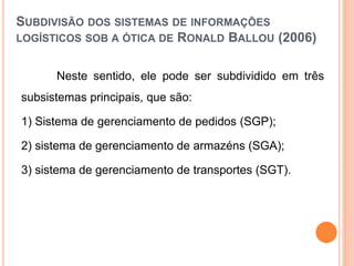 SUBDIVISÃO DOS SISTEMAS DE INFORMAÇÕES
LOGÍSTICOS SOB A ÓTICA DE RONALD BALLOU (2006)
Neste sentido, ele pode ser subdividido em três
subsistemas principais, que são:
1) Sistema de gerenciamento de pedidos (SGP);
2) sistema de gerenciamento de armazéns (SGA);
3) sistema de gerenciamento de transportes (SGT).
 