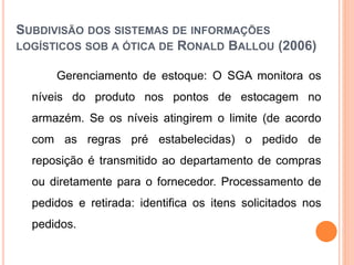 SUBDIVISÃO DOS SISTEMAS DE INFORMAÇÕES
LOGÍSTICOS SOB A ÓTICA DE RONALD BALLOU (2006)
Gerenciamento de estoque: O SGA monitora os
níveis do produto nos pontos de estocagem no
armazém. Se os níveis atingirem o limite (de acordo
com as regras pré estabelecidas) o pedido de
reposição é transmitido ao departamento de compras
ou diretamente para o fornecedor. Processamento de
pedidos e retirada: identifica os itens solicitados nos
pedidos.
 