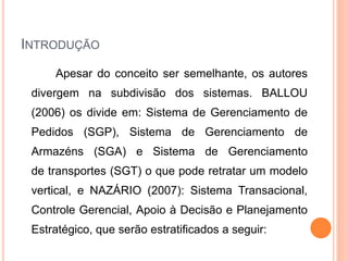 INTRODUÇÃO
Apesar do conceito ser semelhante, os autores
divergem na subdivisão dos sistemas. BALLOU
(2006) os divide em: Sistema de Gerenciamento de
Pedidos (SGP), Sistema de Gerenciamento de
Armazéns (SGA) e Sistema de Gerenciamento
de transportes (SGT) o que pode retratar um modelo
vertical, e NAZÁRIO (2007): Sistema Transacional,
Controle Gerencial, Apoio à Decisão e Planejamento
Estratégico, que serão estratificados a seguir:
 