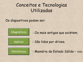 Conceitos e Tecnologias
             Utilizadas

Os dispositivos podem ser:


   Magnéticos     : Os mais antigos que existem;

     ópticos      : São lidos por drives;

    Eletrônicos   : Memória de Estado Sólido –   SSD;
 