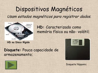 Dispositivos Magnéticos
 Usam estados magnéticos para registrar dados.

                      HD: Caracterizado como
                      memória física ou não- volátil;

 HD ou Disco Rígido


Disquete: Pouca capacidade de
armazenamento;

                                       Disquete Nipponic
 