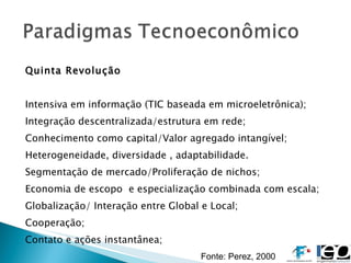 Quinta Revolução Intensiva em informação (TIC baseada em microeletrônica); Integração descentralizada/estrutura em rede; Conhecimento como capital/Valor agregado intangível; Heterogeneidade, diversidade , adaptabilidade. Segmentação de mercado/Proliferação de nichos; Economia de escopo  e especialização combinada com escala; Globalização/ Interação entre Global e Local; Cooperação; Contato e ações instantânea;  Fonte: Perez, 2000  