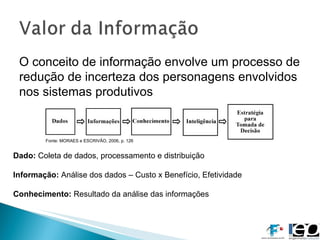 O conceito de informação envolve um processo de redução de incerteza dos personagens envolvidos nos sistemas produtivos Dado:  Coleta de dados, processamento e distribuição Informação:  Análise dos dados – Custo x Benefício, Efetividade Conhecimento:  Resultado da análise das informações Fonte: MORAES e ESCRIVÃO, 2006, p. 126 