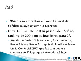 1964 fusão entre Itaú e Banco Federal de Crédito (Olavo assume a Direção) Entre 1965 e 1975 o Itaú passou de 150º no ranking de 200 bancos brasileiros para 2º. Através de fusões: Sulamericano, Banco América, Banco Aliança, Banco Português do Brasil e o Banco União Comercial (BUC) que fez com que ele chegasse ao 2º lugar que é mantido até hoje. http://www.estadao.com.br/economia/not_eco231519,0.htm 