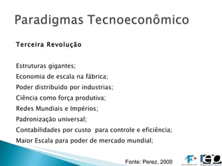 Terceira Revolução Estruturas gigantes;  Economia de escala na fábrica;  Poder distribuido por industrias;  Ciência como força produtiva; Redes Mundiais e Impérios; Padronização universal; Contabilidades por custo  para controle e eficiência; Maior Escala para poder de mercado mundial; Fonte: Perez, 2000  