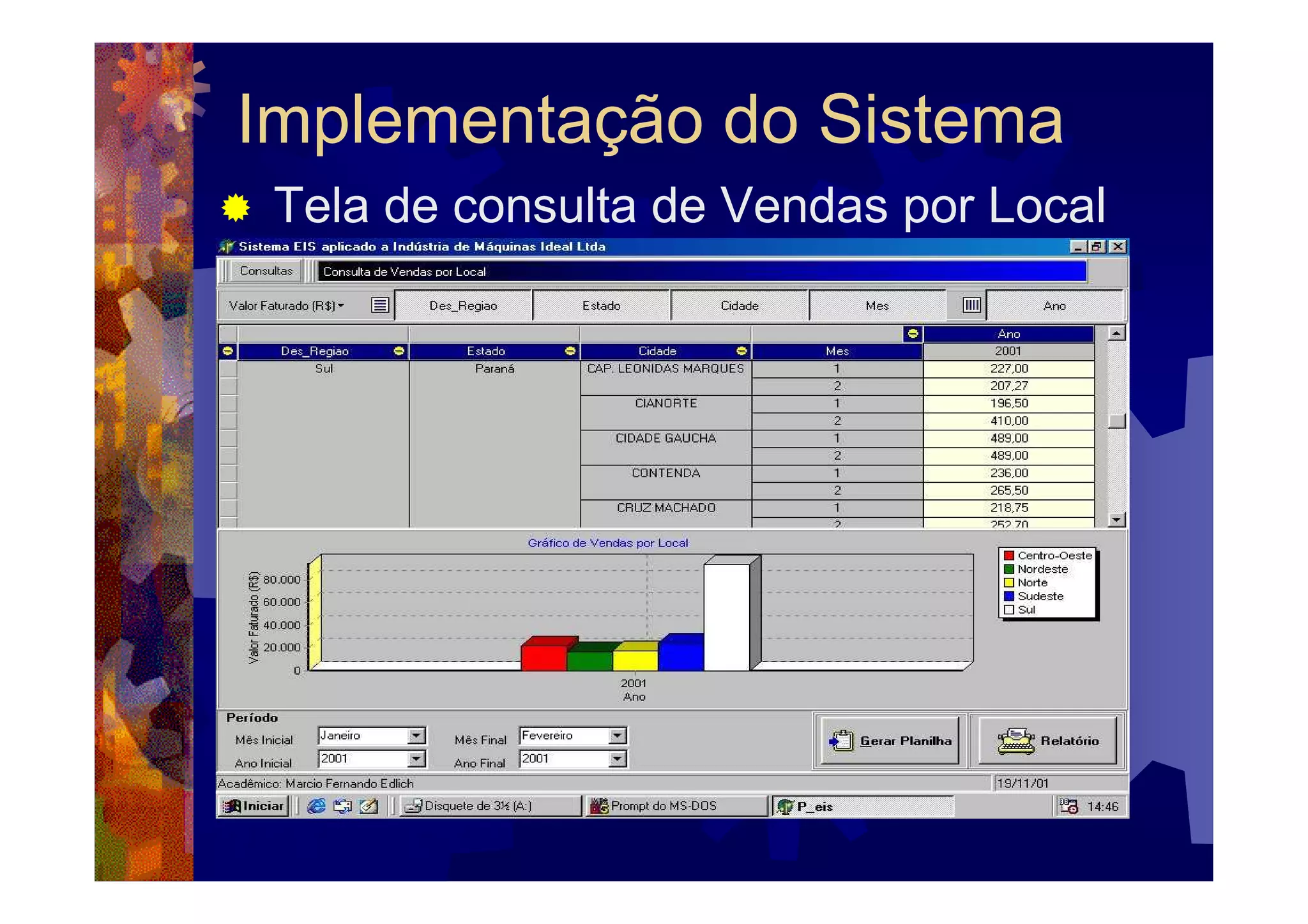 Implementação do Sistema
 Tela de consulta de Vendas por Local
 