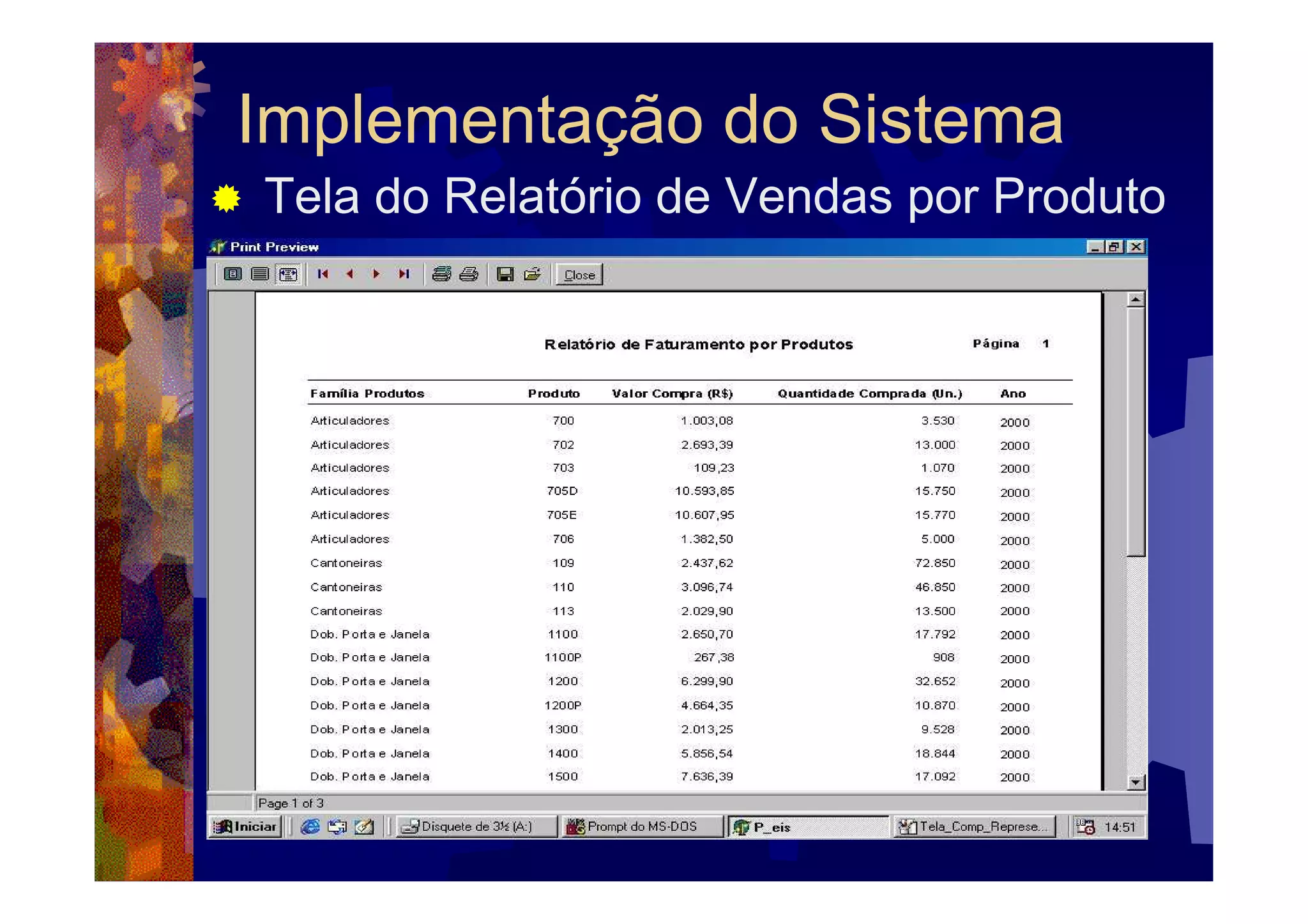 Implementação do Sistema
Tela do Relatório de Vendas por Produto
 