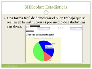 SIEScolar: Estadísticas<br />www.siescolar.com<br />Una forma fácil de demostrar el buen trabajo que se realiza en la inst...