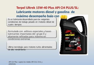 • API CI-4 Plus: supera los niveles API CI-4, CH-4, y
anteriores.
Terpel Ultrek 15W-40 Plus API CI4 PLUS/SL:
Lubricante motores diesel y gasolina de
máximo desempeño bajo condiciones
extremas.
Es un lubricantedesarrollado para las exigentes
condiciones de trabajo pesado en motores diésel de
cuatro tiempos
Formulado con aditivos especiales y bases
lubricantes importadas del grupo II y
altamente refinadas para máximo en
condiciones extremas
Ultima tecnología para motores turbo alimentados
de alto rendimiento
 