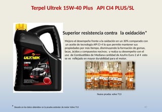 47
Superior resistencia contra la oxidación*
Mejora el desempeño frente a la oxidación en un 30% comparado con
un aceite de tecnología API CI-4 lo que permite mantener sus
propiedades por más tiempo, disminuyendo la formación de gomas,
lacas, ácidos y compuestos nocivos; y realza su desempeño con el
uso de Combustibles de Mediana cantidad de Azufre Euro 2 al 4 esto
se ve reflejado en mayor durabilidad para el motor.
* Basado en los datos obtenidos en la prueba estándar de motor Volvo T13
Nueva prueba volvo T13
Terpel Ultrek 15W-40 Plus API CI4 PLUS/SL
 