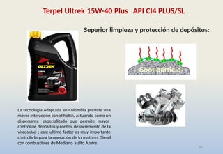 49
La tecnología Adaptada en Colombia permite una
mayor interacción con el hollín, actuando como un
dispersante especializado que permite mayor
control de depósitos y control de incremento de la
viscosidad ; este ultimo factor es muy importante
controlarlo para la operación de lo motores Diesel
con combustibles de Mediano a alto Azufre
Superior limpieza y protección de depósitos:
Terpel Ultrek 15W-40 Plus API CI4 PLUS/SL
 