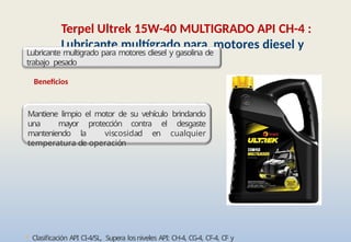 • Clasificación API CI-4/SL, Supera losniveles API: CH-4, CG-4, CF-4, CF y
Terpel Ultrek 15W-40 MULTIGRADO API CH-4 :
Lubricante multígrado para motores diesel y
gasolina.
Lubricante multigrado para motores diesel y gasolina de
trabajo pesado
Beneficios
Mantiene limpio el motor de su vehículo brindando
una mayor protección contra el desgaste
manteniendo la viscosidad en cualquier
temperatura de operación
 