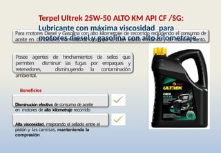 Terpel Ultrek 25W-50 ALTO KM API CF /SG:
Lubricante con máxima viscosidad para
motores diesel y gasolina con alto kilometraje.
Para motores Diesel y Gasolina con alto kilometraje de recorrido reduciendo el consumo de
aceite en condiciones normales de desempeño, buen estado mecánico y de mantenimiento.
Posee agentes de hinchamientos de sellos que
permiten disminuir las fugas por empaques y
retenedores, disminuyendo la contaminación
ambiental.
Beneficios
Disminución efectiva de consumo de aceite
en motores de alto kilometraje recorrido
Alta viscosidad, mejorando el sellado entre el
pistón y las camisas, manteniendo la
compresión
 