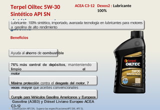 • Clasificación API SN. Supera las especificacionesAPI SM, API SL
Terpel Oiltec 5W-30
Sintético API SN
sintético para motores a
gasolina
ACEA C3-12 Dexos2 : Lubricante
100%
Lubricante 100% sintético, importado, avanzada tecnología en lubricantes para motores
a gasolina de alto rendimiento
Beneficios
Ayuda al ahorro de combustible
76% más control de depósitos, manteniendo
limpio el
motor
Máxima protección contra el desgaste del motor, 7
veces mayor que aceites convencionales
Cumple para Vehículos Gasolina Americanos y Europeos
Gasolina (A3B3) y Diésel Liviano Europeo ACEA
C3-12
 