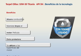 Beneficios
Ahorro combustible
Mantiene limpio el
motor Película
Extra protectora
Se adhiere a las
superficies del
motor
Terpel Oiltec 10W-30 Titanio API SN : Beneficios de la tecnología
 