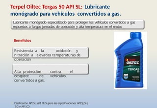 • Clasificación API SL, API CF.Supera las especificaciones API SJ, SH,
SG y API CD.
Terpel Oiltec Tergas 50 API SL: Lubricante
monógrado para vehículos convertidos a gas.
Lubricante monógrado especializado para proteger los vehículos convertidos a gas
expuestos a largas jornadas de operación y alta temperatura en el motor
.
Beneficios
Resistencia a la oxidación y
nitración a elevadas temperaturas de
operación
Alta protección contra el
desgaste de vehículos
convertidos a gas.
 