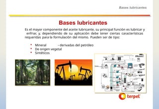Bases lubricantes
Es el mayor componente del aceite lubricante, su principal función es lubricar y
enfriar, y, dependiendo de su aplicación debe tener ciertas características
requeridas para la formulación del mismo. Pueden ser de tipo:
 Mineral - derivadas del petróleo
 De origen vegetal
 Sintéticos
Bases lubricantes
 