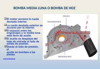 El motor acciona la rueda
dentada interior.
La rueda dentada exterior se
acciona por la interior.
El espacio entre los
engranajes y la media luna
está lleno de aceite.
El aceite se desplaza del
lado de entrada al lado de
salida de presión.
Desde el lado de presión,
el
aceite se bombea a las
piezas.
www.senati.edu.pe
BOMBA MEDIA LUNA O BOMBA DE HOZ
 