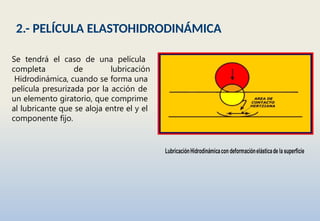 2.- PELÍCULA ELASTOHIDRODINÁMICA
Se tendrá el caso de una película
completa de lubricación
Hidrodinámica, cuando se forma una
película presurizada por la acción de
un elemento giratorio, que comprime
al lubricante que se aloja entre el y el
componente fijo.
 