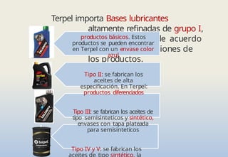 Terpel importa Bases lubricantes
altamente refinadas de grupo I,
grupo II, grupo III de acuerdo
con las especificaciones de
los productos.
productos básicos. Estos
productos se pueden encontrar
en Terpel con un envase color
azul
Tipo II: se fabrican los
aceites de alta
especificación. En Terpel:
productos diferenciados
Tipo III: se fabrican los aceites de
tipo semisinteticos y sintético,
envases con tapa plateada
para semisinteticos
Tipo IV y V: se fabrican los
aceites de tipo sintético, la
 