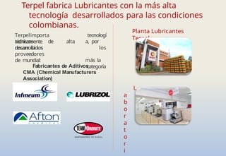 Terpel fabrica Lubricantes con la más alta
tecnología desarrollados para las condiciones
colombianas.
Terpelimporta
aditivos de alta
técnicamente
desarrollados
tecnologí
a, por
los
más la
categoría
reconocidos
proveedores
de mundial:
Planta Lubricantes
Terpel
Fabricantes de Aditivos
CMA (Chemical Manufacturers
Association)
L
a
b
o
r
a
t
o
r
i
 