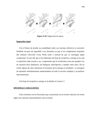114
Figura 5.10: Inspección de masas.
Inspección visual
Con el banco de prueba ya ensamblado todos sus sistemas eléctricos es necesario
brindarle un poco de seguridad a sus elementos ya que al ser componentes originales
del vehículo Chevrolet Corsa Wind están a merced de que se sustraigan algún
componente. Es por ello que se ha elaborado una hoja de recepción y entrega en la cual
se especifica cada circuito y sus componentes que lo conforman como por ejemplo: luz
de carretera faros delanteros, luz halógena, interruptores y mandos entre otros. De no
existir alguno de estos elementos al momento de la entrega el estudiante se encargara
de reponerlo inmediatamente manteniéndolo así todo el circuito completo y en perfecto
funcionamiento.
Esta hoja de recepción y entrega se la detalla en el anexo 3.
SÍNTOMAS Y SOLUCIONES
Estos síntomas son las frecuentes que se presentan en un circuito eléctrico de existir
algún otro síntoma el procedimiento será el mismo.
 