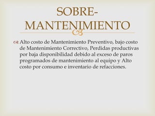 
 Alto costo de Mantenimiento Preventivo, bajo costo
de Mantenimiento Correctivo, Perdidas productivas
por baja disponibilidad debido al exceso de paros
programados de mantenimiento al equipo y Alto
costo por consumo e inventario de refacciones.
SOBRE-
MANTENIMIENTO
 