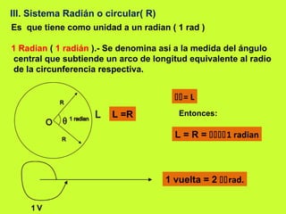 III. Sistema Radián o circular( R)
Es que tiene como unidad a un radian ( 1 rad )
1 Radian ( 1 radián ).- Se denomina así a la medida del ángulo
central que subtiende un arco de longitud equivalente al radio
de la circunferencia respectiva.
L =R
= L
Entonces:
L = R = 1 radian
1 vuelta = 2 rad.
 