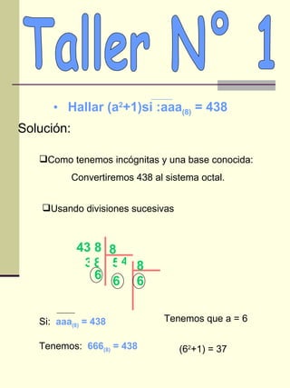 Taller N° 1 Hallar (a 2 +1)si :aaa (8)  = 438 Como tenemos incógnitas y una base conocida: Convertiremos 438 al sistema octal. Solución: Usando divisiones sucesivas 43 8 8 5 3 6 8 6 6 8 4 Si:  aaa (8)  = 438   Tenemos:  666 (8)  = 438   Tenemos que a = 6 (6 2 +1) = 37 