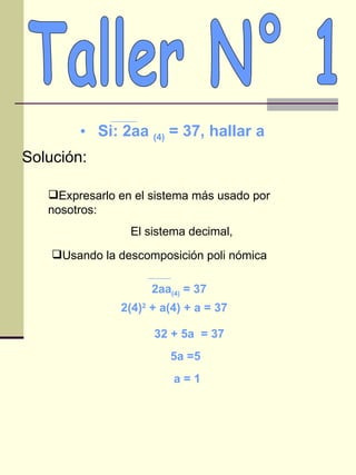 Taller N° 1 Si: 2aa  (4)  = 37, hallar a Expresarlo en el sistema más usado por nosotros: El sistema decimal, Solución: Usando la descomposición poli nómica 2aa (4)  = 37 2(4) 2  + a(4) + a = 37 32 + 5a  = 37 5a =5 a = 1 