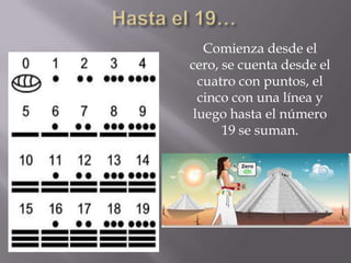 Comienza desde el
cero, se cuenta desde el
cuatro con puntos, el
cinco con una línea y
luego hasta el número
19 se suman.
 