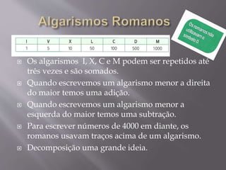  Os algarismos I, X, C e M podem ser repetidos até
três vezes e são somados.
 Quando escrevemos um algarismo menor a direita
do maior temos uma adição.
 Quando escrevemos um algarismo menor a
esquerda do maior temos uma subtração.
 Para escrever números de 4000 em diante, os
romanos usavam traços acima de um algarismo.
 Decomposição uma grande ideia.
 