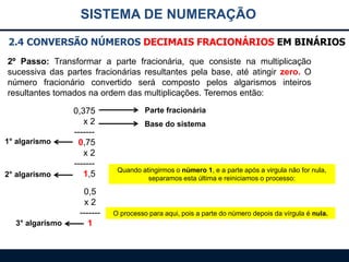 SISTEMA DE NUMERAÇÃO
2.4 CONVERSÃO NÚMEROS DECIMAIS FRACIONÁRIOS EM BINÁRIOS
2º Passo: Transformar a parte fracionária, que consiste na multiplicação
sucessiva das partes fracionárias resultantes pela base, até atingir zero. O
número fracionário convertido será composto pelos algarismos inteiros
resultantes tomados na ordem das multiplicações. Teremos então:

1° algarismo

2° algarismo

3° algarismo

0,375
x2
------0,75
x2
------1,5

0,5
x2
------1

Parte fracionária
Base do sistema

Quando atingirmos o número 1, e a parte após a virgula não for nula,
separamos esta última e reiniciamos o processo:

O processo para aqui, pois a parte do número depois da vírgula é nula.

 