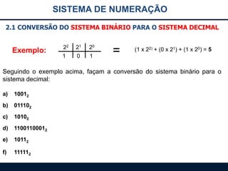 SISTEMA DE NUMERAÇÃO
2.1 CONVERSÃO DO SISTEMA BINÁRIO PARA O SISTEMA DECIMAL

Exemplo:

22

21

20

1

0

1

=

(1 x 22) + (0 x 21) + (1 x 20) = 5

Seguindo o exemplo acima, façam a conversão do sistema binário para o
sistema decimal:
a)

10012

b)

011102

c)

10102

d)

11001100012

e)

10112

f)

111112

 