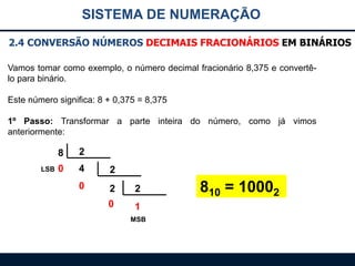 SISTEMA DE NUMERAÇÃO
2.4 CONVERSÃO NÚMEROS DECIMAIS FRACIONÁRIOS EM BINÁRIOS
Vamos tomar como exemplo, o número decimal fracionário 8,375 e convertêlo para binário.
Este número significa: 8 + 0,375 = 8,375
1º Passo: Transformar a parte inteira do número, como já vimos
anteriormente:

8
LSB

2

0

4

2

0

2

2

0

1
MSB

810 = 10002

 