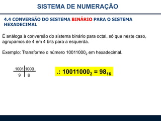 SISTEMA DE NUMERAÇÃO
4.4 CONVERSÃO DO SISTEMA BINÁRIO PARA O SISTEMA
HEXADECIMAL
É análoga à conversão do sistema binário para octal, só que neste caso,
agrupamos de 4 em 4 bits para a esquerda.
Exemplo: Transforme o número 100110002 em hexadecimal.

1001 1000
9

8

.: 100110002 = 9816

 