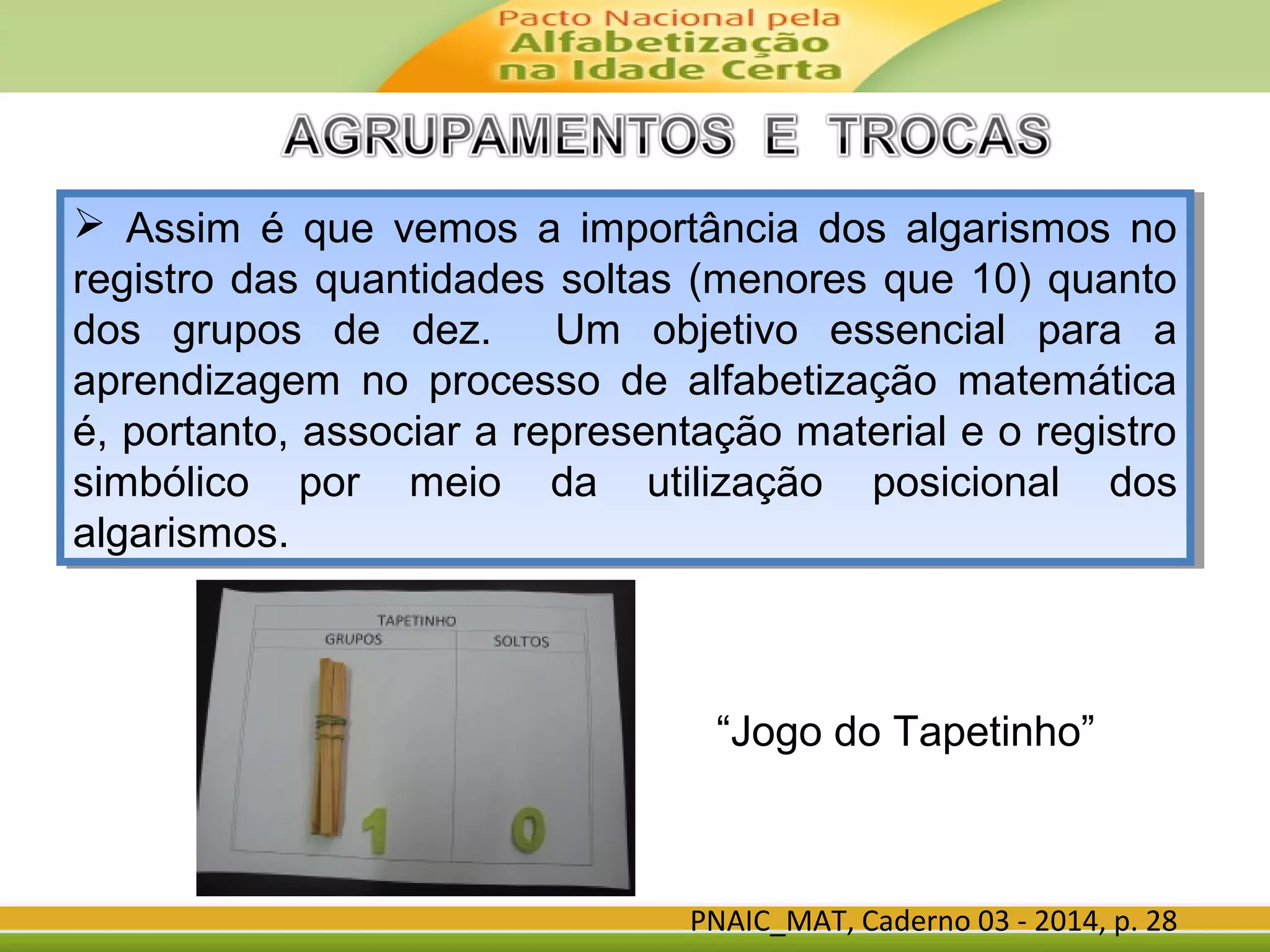 PNAIC_MAT, Caderno 03 - 2014, p. 28
 Assim é que vemos a importância dos algarismos no
registro das quantidades soltas (menores que 10) quanto
dos grupos de dez. Um objetivo essencial para a
aprendizagem no processo de alfabetização matemática
é, portanto, associar a representação material e o registro
simbólico por meio da utilização posicional dos
algarismos.
 Assim é que vemos a importância dos algarismos no
registro das quantidades soltas (menores que 10) quanto
dos grupos de dez. Um objetivo essencial para a
aprendizagem no processo de alfabetização matemática
é, portanto, associar a representação material e o registro
simbólico por meio da utilização posicional dos
algarismos.
“Jogo do Tapetinho”
 