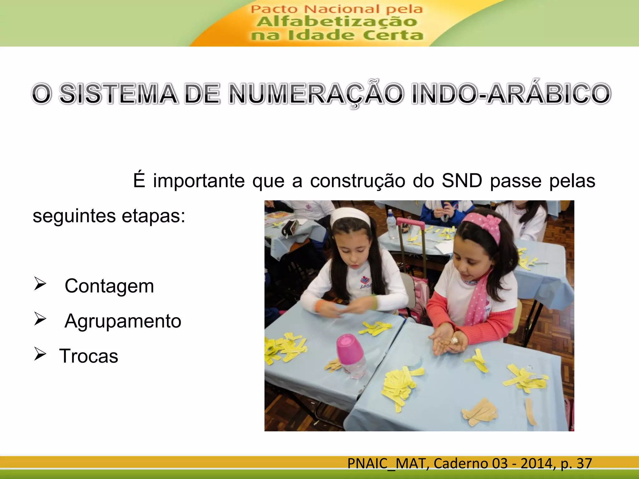 PNAIC_MAT, Caderno 03 - 2014, p. 37
É importante que a construção do SND passe pelas
seguintes etapas:
 Contagem
 Agrupamento
 Trocas
 